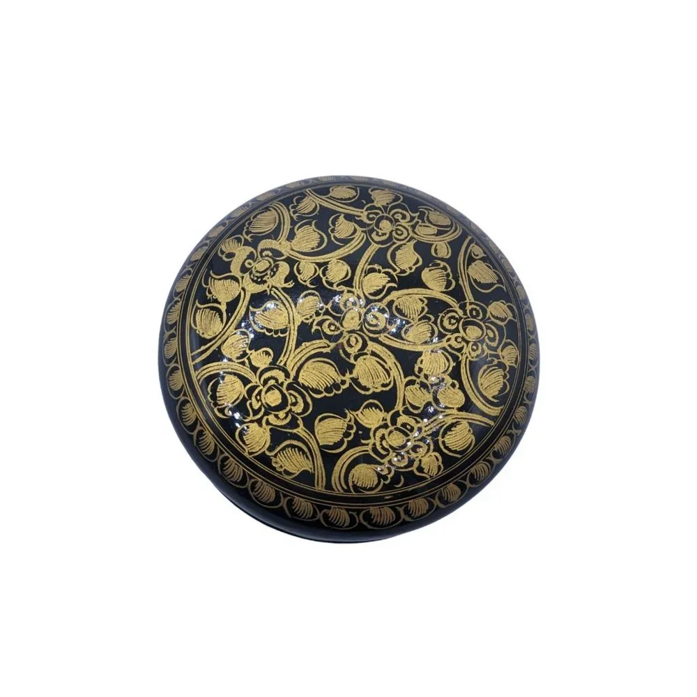 Vtg Kashmiri Hand Printed Lacquerware Box With 6 Coasters Black And Gold